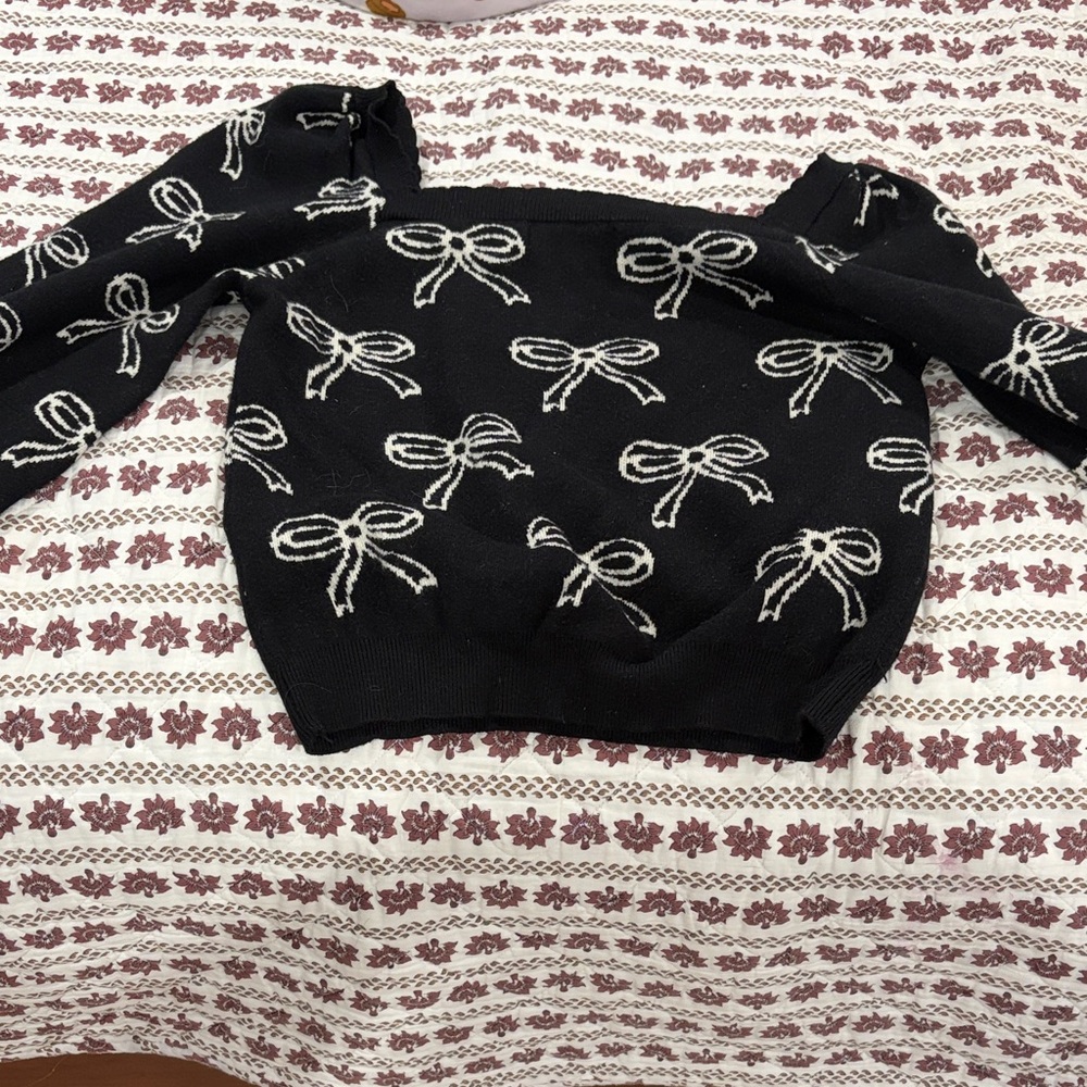Off-the-Shoulder Black Bow Knit Sweater - Women's